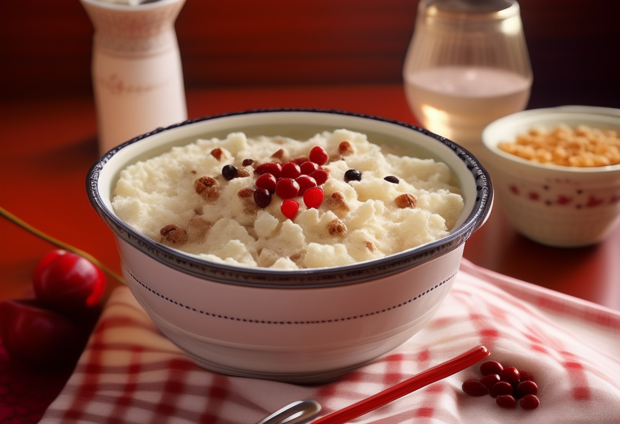 A bowl of rice pudding with raisins and cinnamon on a red and white checkered tablecloth in a 1930s kitchen