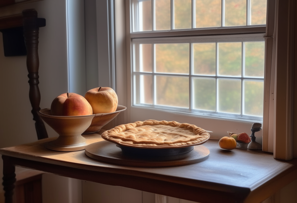 An apple pie cooling on a windowsill next to a freshly baked pie on a vintage wooden pie stand in a 1930s kitchen