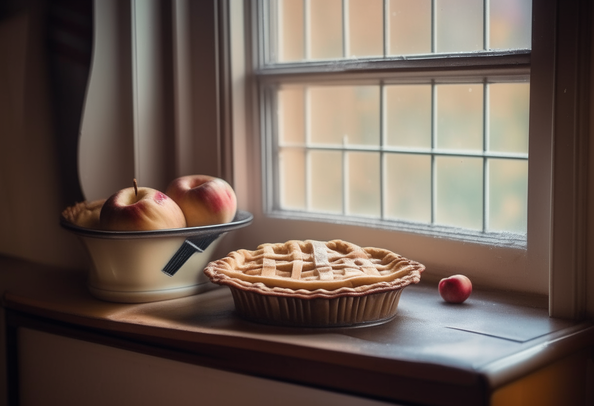 A close up view of a freshly baked apple pie cooling on a windowsill in a 1930s kitchen