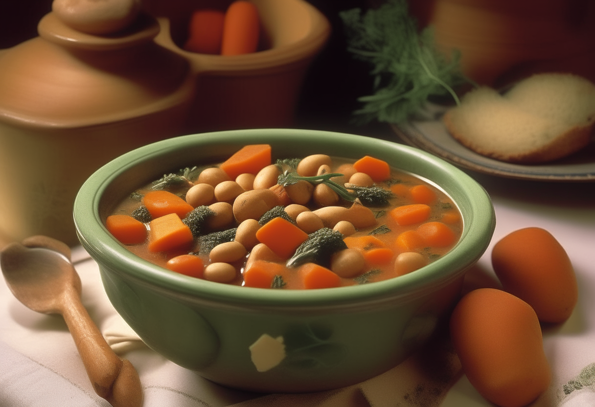 A bowl of vegetable stew with carrots, potatoes, beans and herbs in a 1940s kitchen