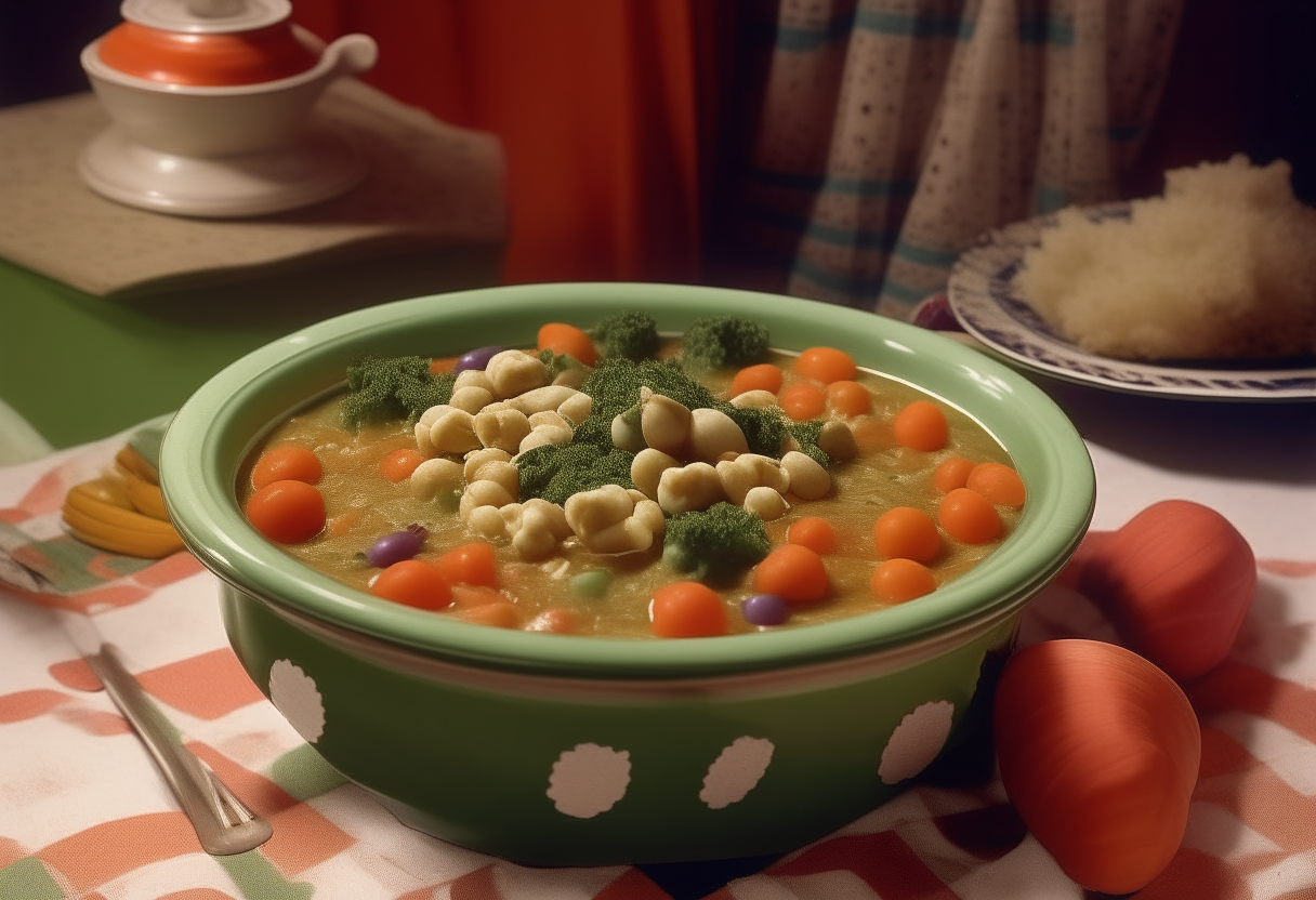 A bowl of vegetable stew on an American flag cloth in a 1940s kitchen