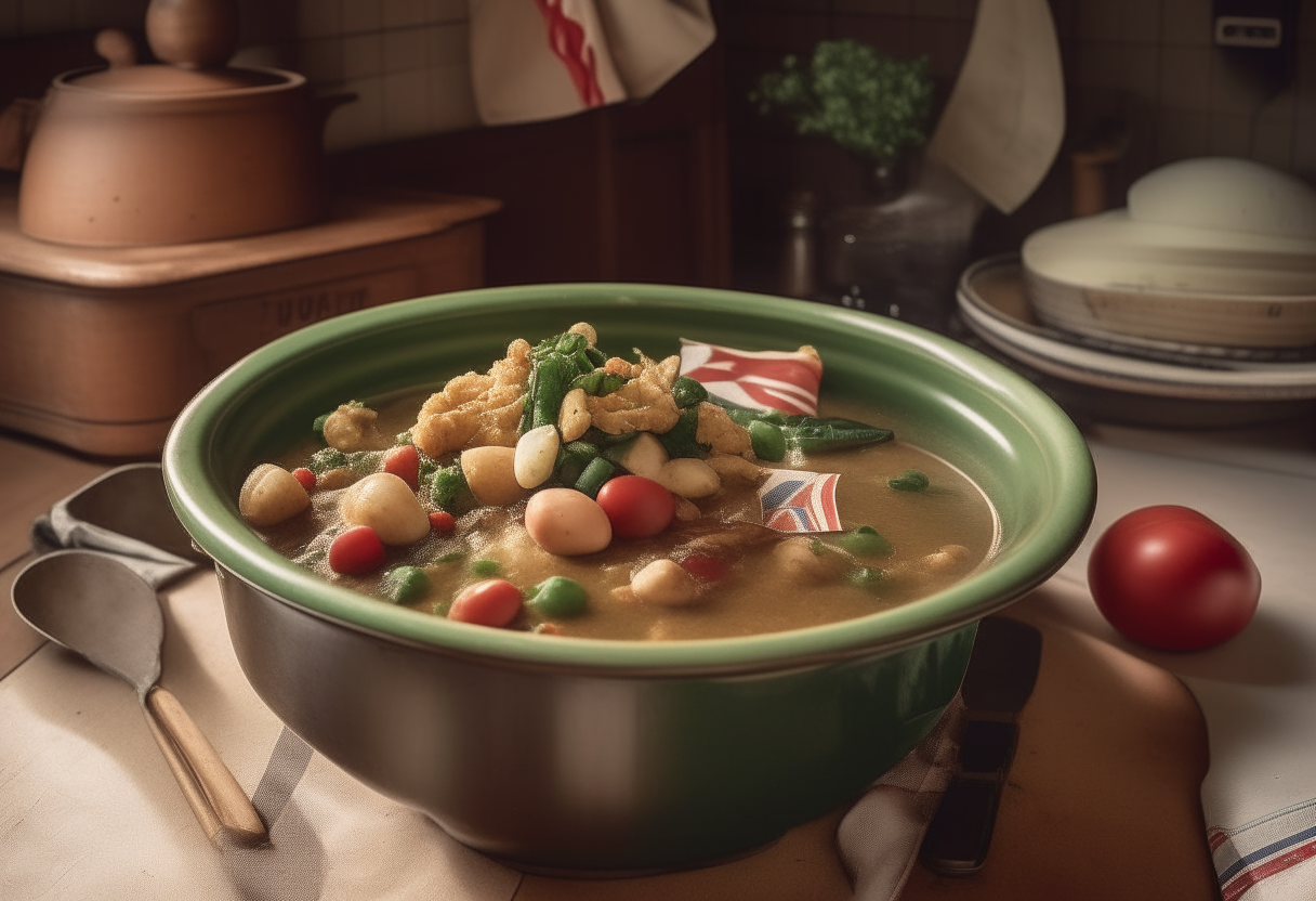 A bowl of vegetable stew on a wooden table with an American flag hanging in a 1940s kitchen