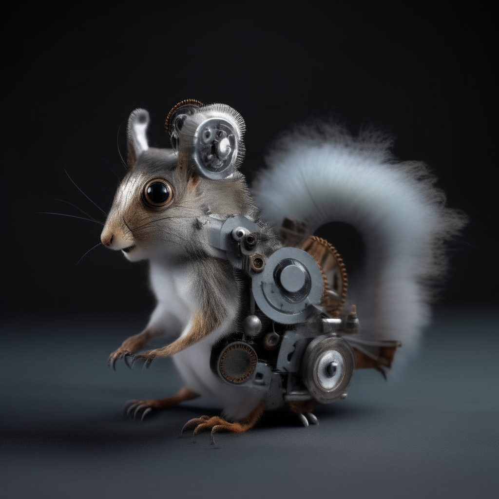 a tiny robotic squirrel, with fluffy gray fur and small mechanical gears visible underneath