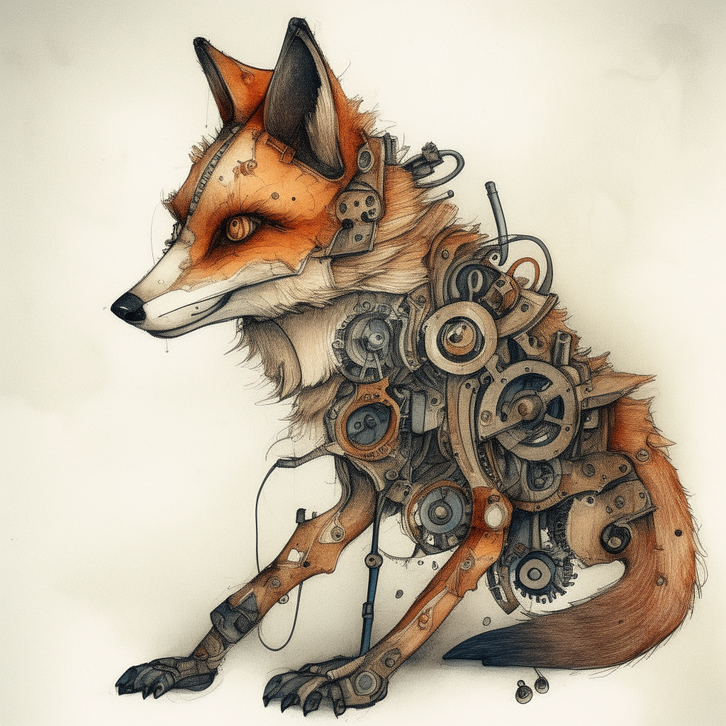 a robotic fox, drawn in pen and watercolor style, with gears and wires visible under its rust-colored fur