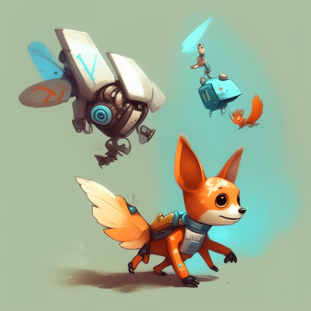 a tiny flying robot with multicolored wings, buzzing curiously around the robotic squirrel and fox