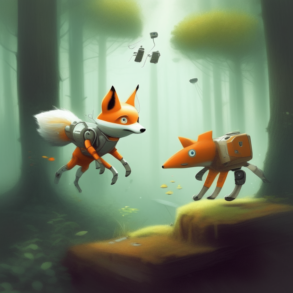 The robotic fox and tiny flying robot explore the forest together, curious to discover what other machine-nature creatures inhabit this realm.