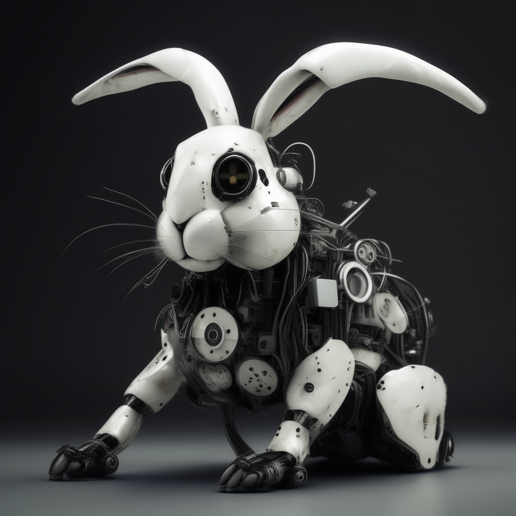 a robotic bunny with black and white fur and small mechanical parts visible underneath