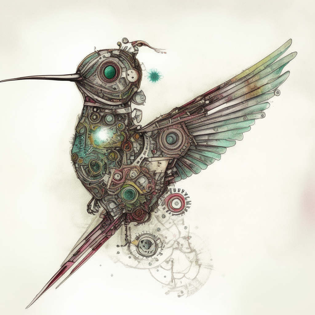 a robotic hummingbird, drawn in pen and watercolor style, with small gears visible on its wings and body