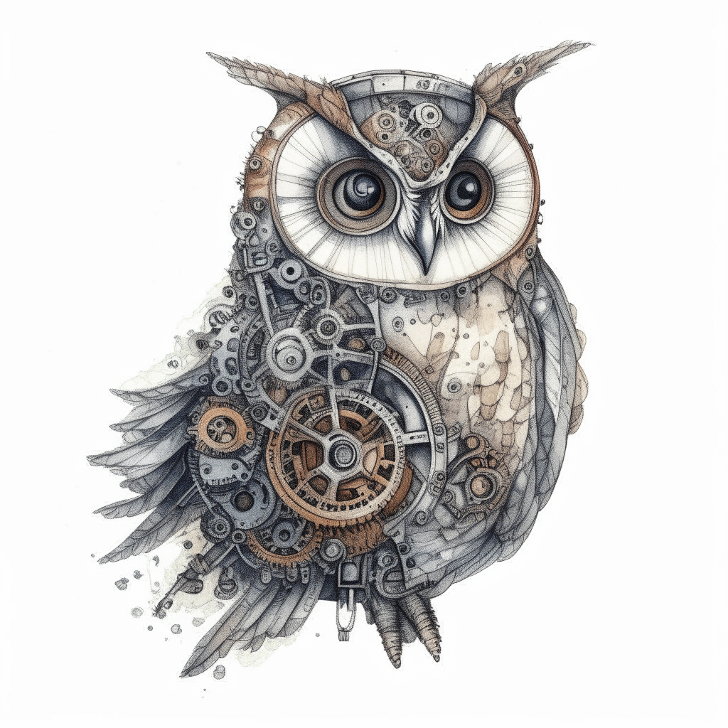 a robotic owl with soft feathers drawn in pen and watercolor style, with small gears visible underneath