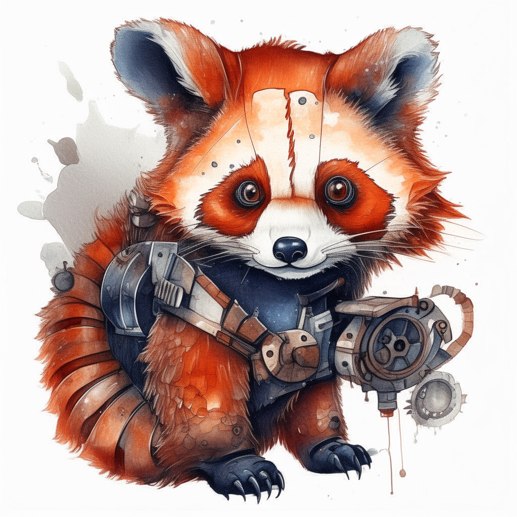 a robotic red panda with rust-colored fur drawn in pen and watercolor style, with small gears visible underneath