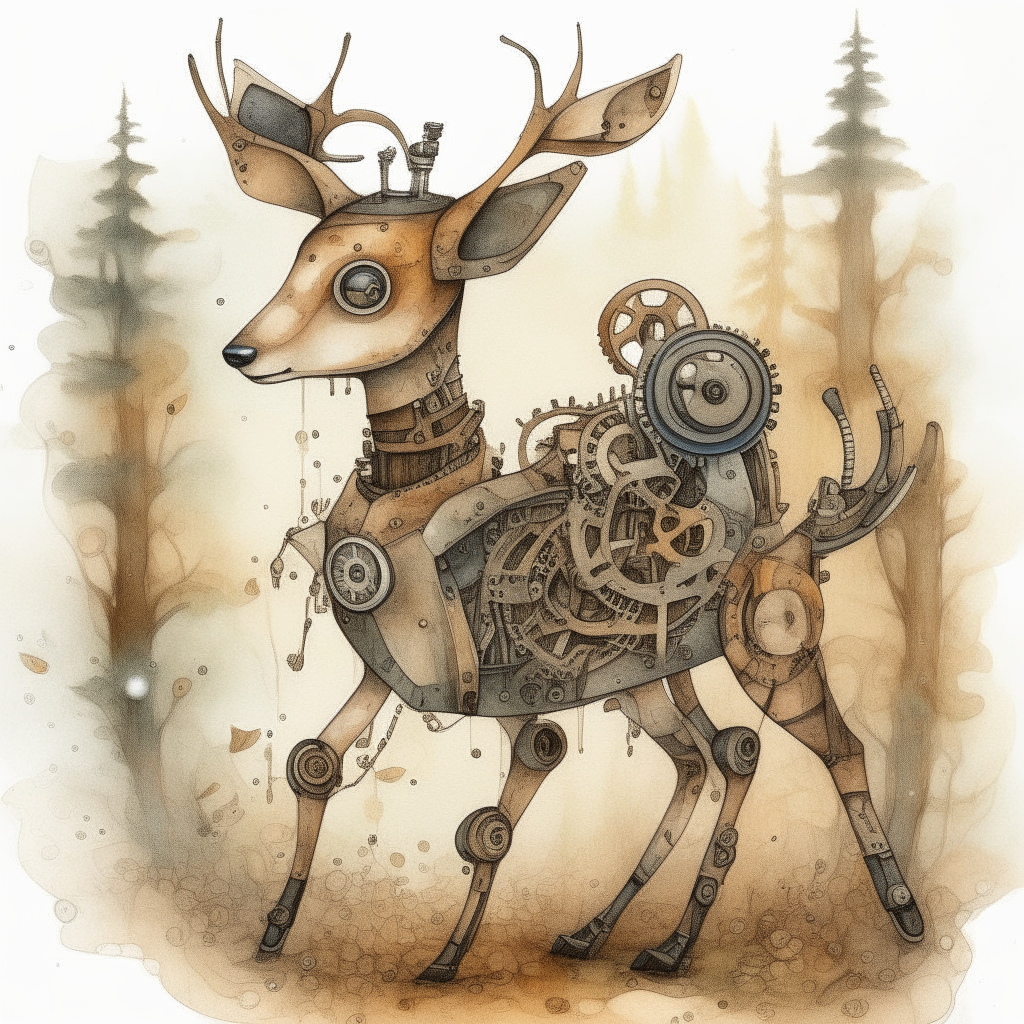 a robotic deer with soft brown fur drawn in pen and watercolor style, standing among the trees with small gears visible underneath