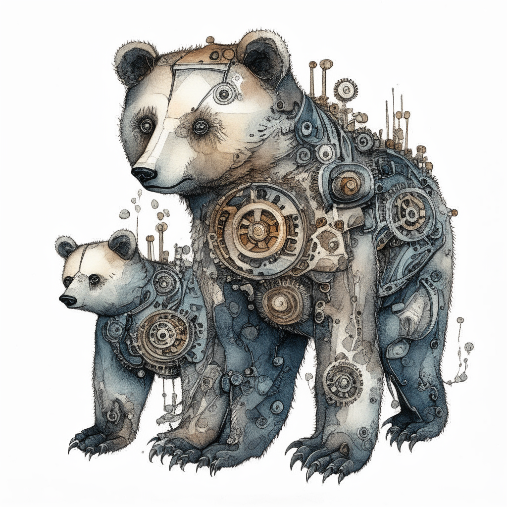 a robotic mama bear and her cub drawn in pen and watercolor style, with small gears visible underneath the fur