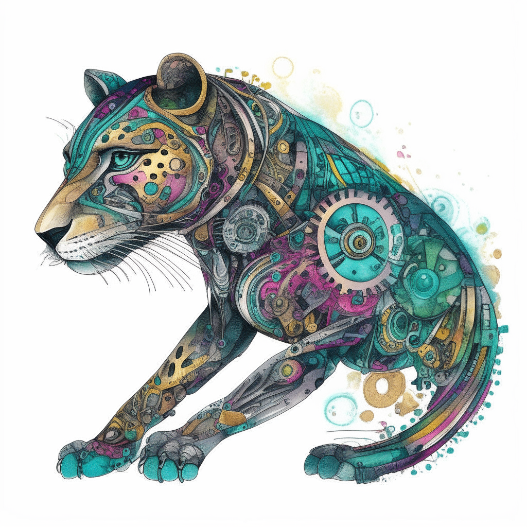 an iridescent robotic jaguar drawn in pen and watercolor style, with small gears visible underneath colorful feathers