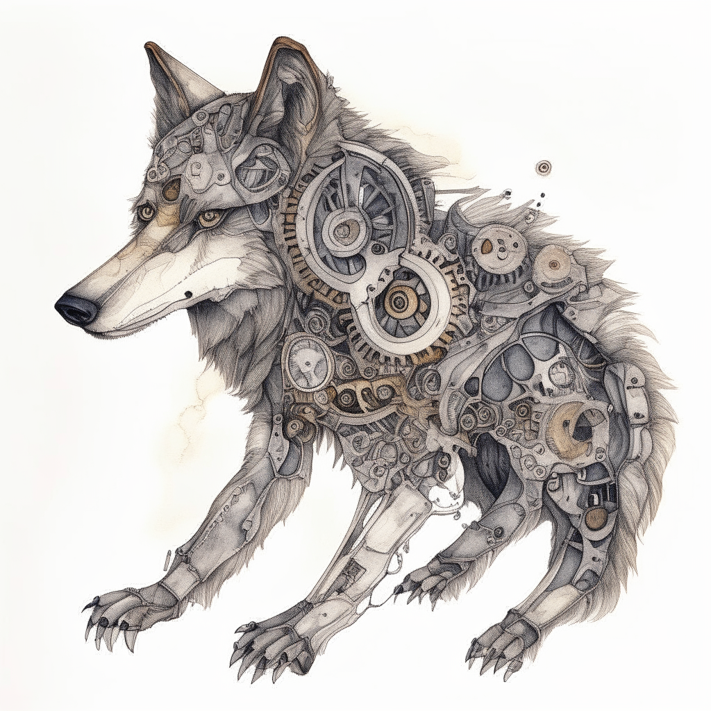 a robotic wolf drawn in pen and watercolor style, with gears visible underneath gray and white fur