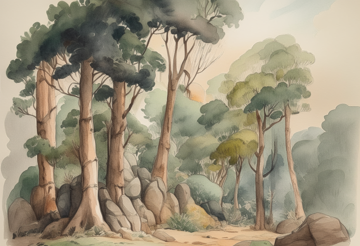 a pen and watercolor landscape of the Arboria forest, with trees, rocks and wildlife