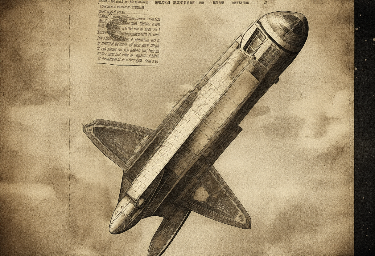 midjurney-v4 flying space shuttle, printed texture , old comics, dust texture”