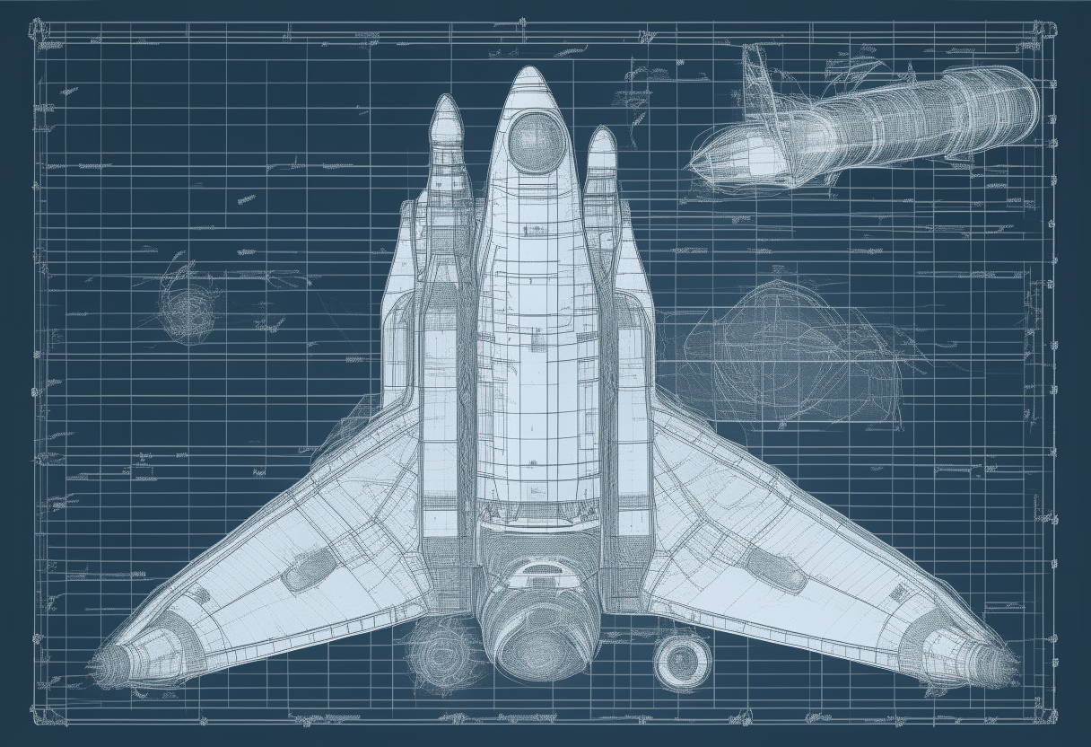 hyperrealistic blueprint of a space shuttle. The blueprint should include intricate details and specifications, such as the dimensions of the shuttle, the location of the engines, and the placement of the windows. The final artwork should be highly detailed and appear as if it could be used to construct an actual space shuttle. Be creative with the colors and textures used in the blueprint, while still maintaining a high degree of realism.”