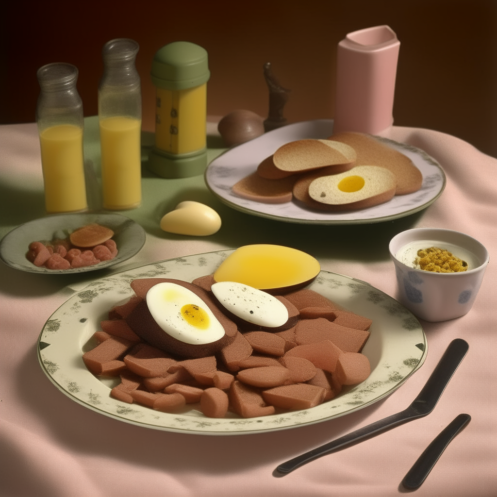 A nostalgic 1940s scene showing a plate of Soldier's Supper Spam and Eggs with slices of pan-fried Spam and fluffy scrambled eggs, simple wartime food