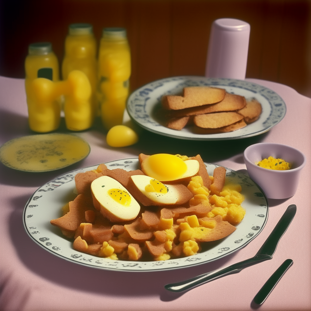 A nostalgic 1940s scene of a plate with slices of pan-fried Spam topped with fluffy scrambled eggs, simple wartime food