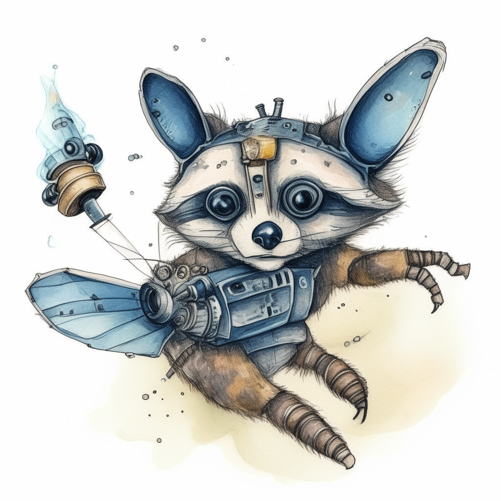 a young robotic raccoon drawn in pen and watercolor style, batting at a small mechanical butterfly