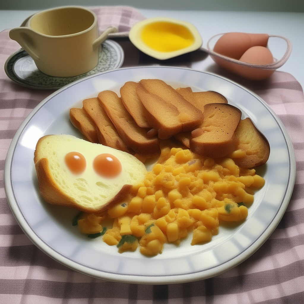 A 1940s plate with slices of pan-fried Spam mixed together with fluffy scrambled eggs, simple wartime food