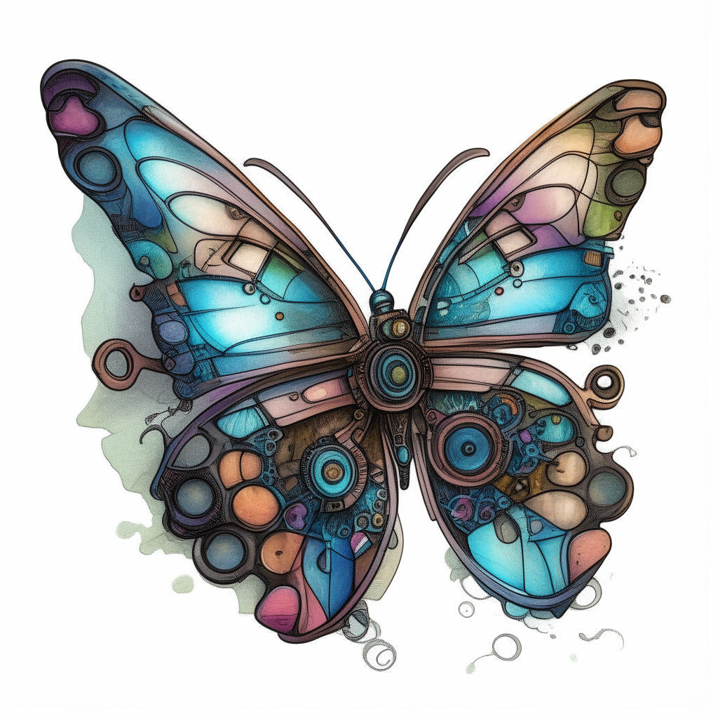 a colorful robotic butterfly drawn in pen and watercolor style, with iridescent wings and small gears visible