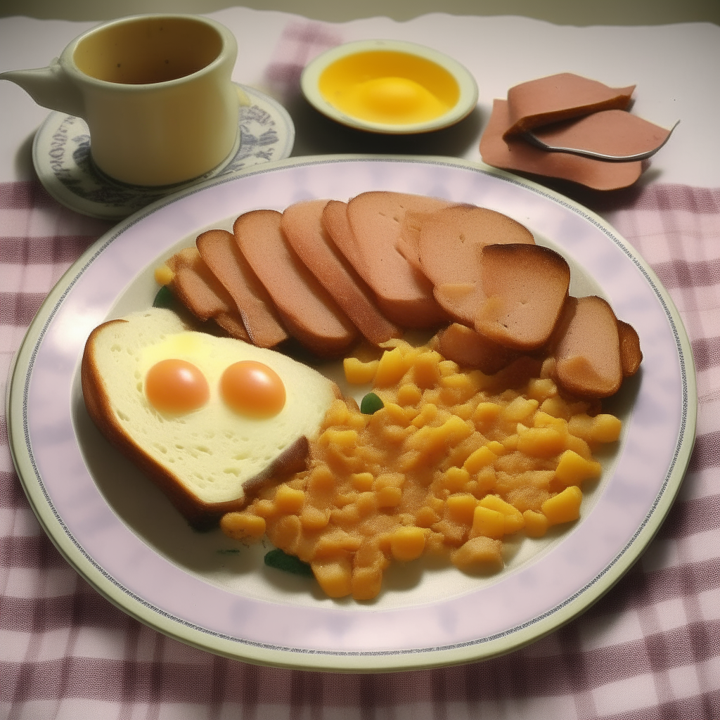 A 1940s plate with slices of pan-fried Spam mixed with scrambled eggs, simple wartime food