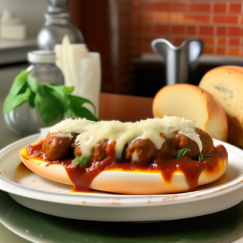 A 1940s kitchen scene with a meatball sub on a plate, filled with meatballs and sauce, topped with cheese and basil