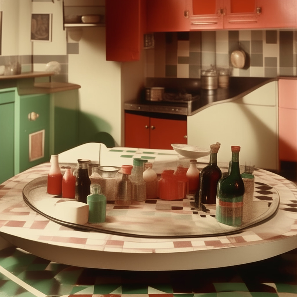 A 1940s Italian-American kitchen with checkered tiles, wine bottles and a meatball sub on a plate