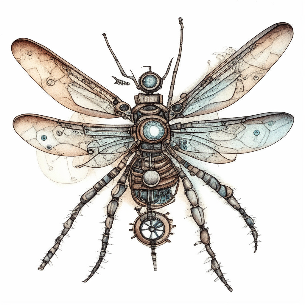 a robotic dragonfly drawn in pen and watercolor style, with gears in its wings