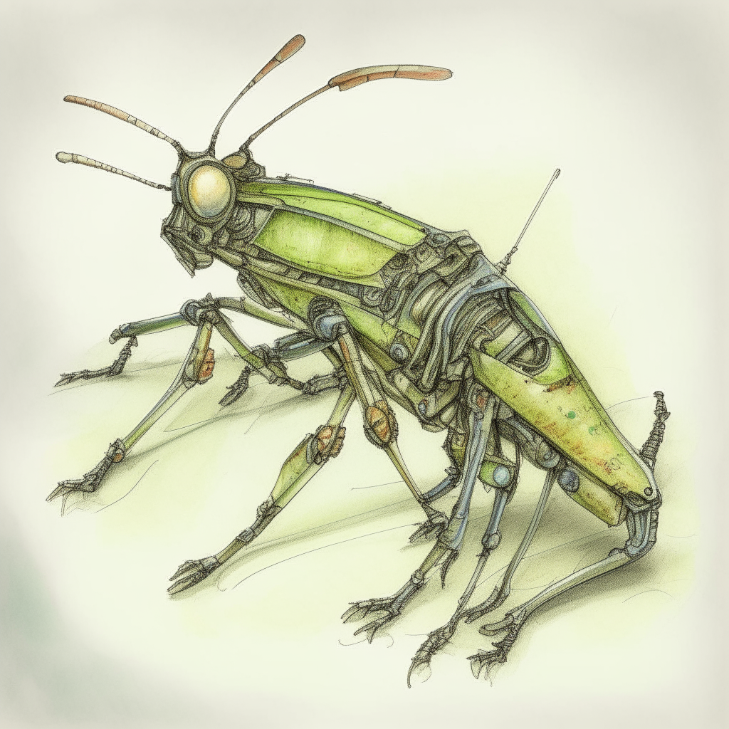 a robotic grasshopper drawn in pen and watercolor style, with small mechanical parts visible