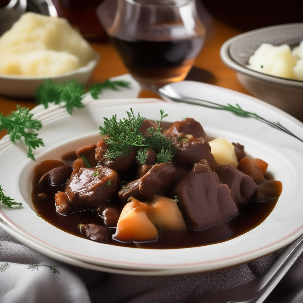 A 1940s dining scene with beef bourguignon served in a bowl, garnished with thyme and mashed potatoes