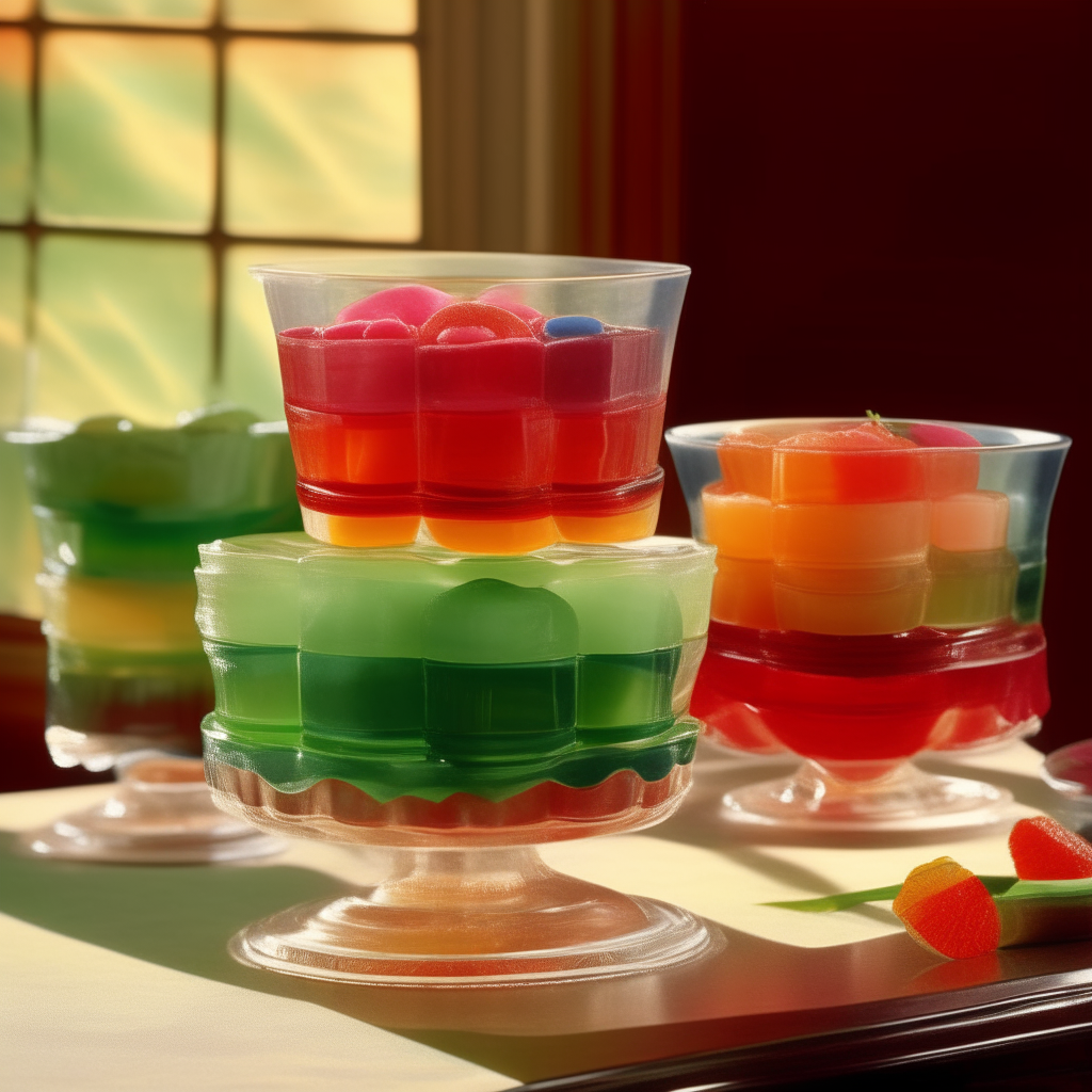 A 1940s scene of colorful layered fruit jellies in glassware, reminiscent of Victory Garden produce