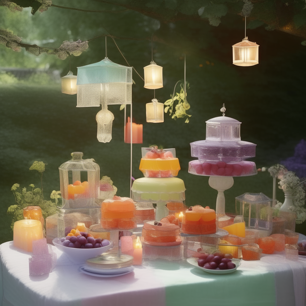 A 1940s garden party scene with elegant layered fruit jellies displayed on a table with lanterns overhead