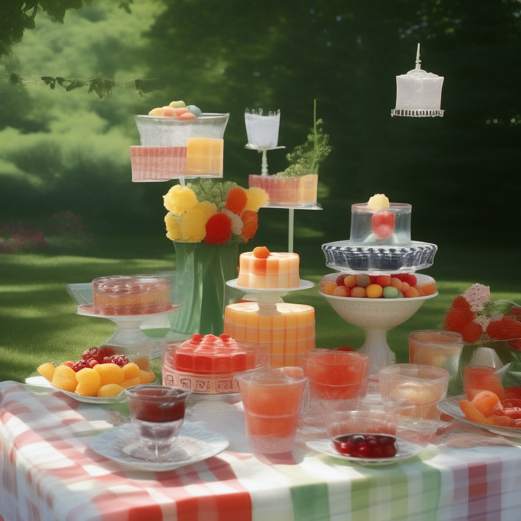 A 1940s garden party scene with elegant layered fruit jellies displayed on a table with a checkered tablecloth