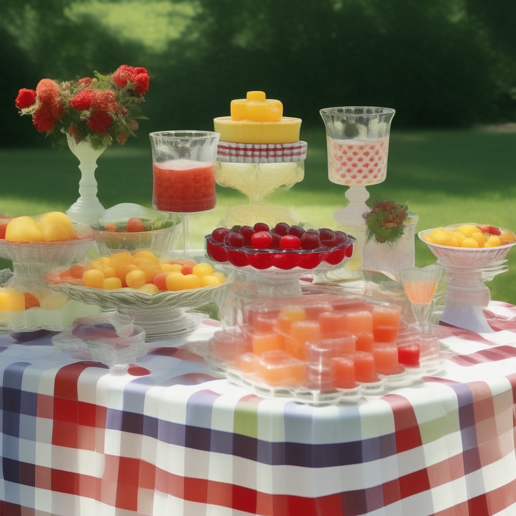 A 1940s garden party scene with elegant layered fruit jellies displayed on a table with a checkered tablecloth