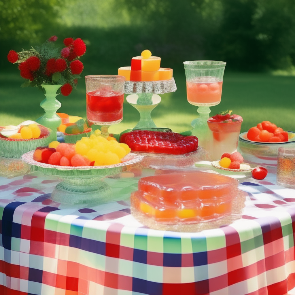 A crisp, vivid 1940s garden party scene with colorful layered fruit jellies on a table with a checkered tablecloth