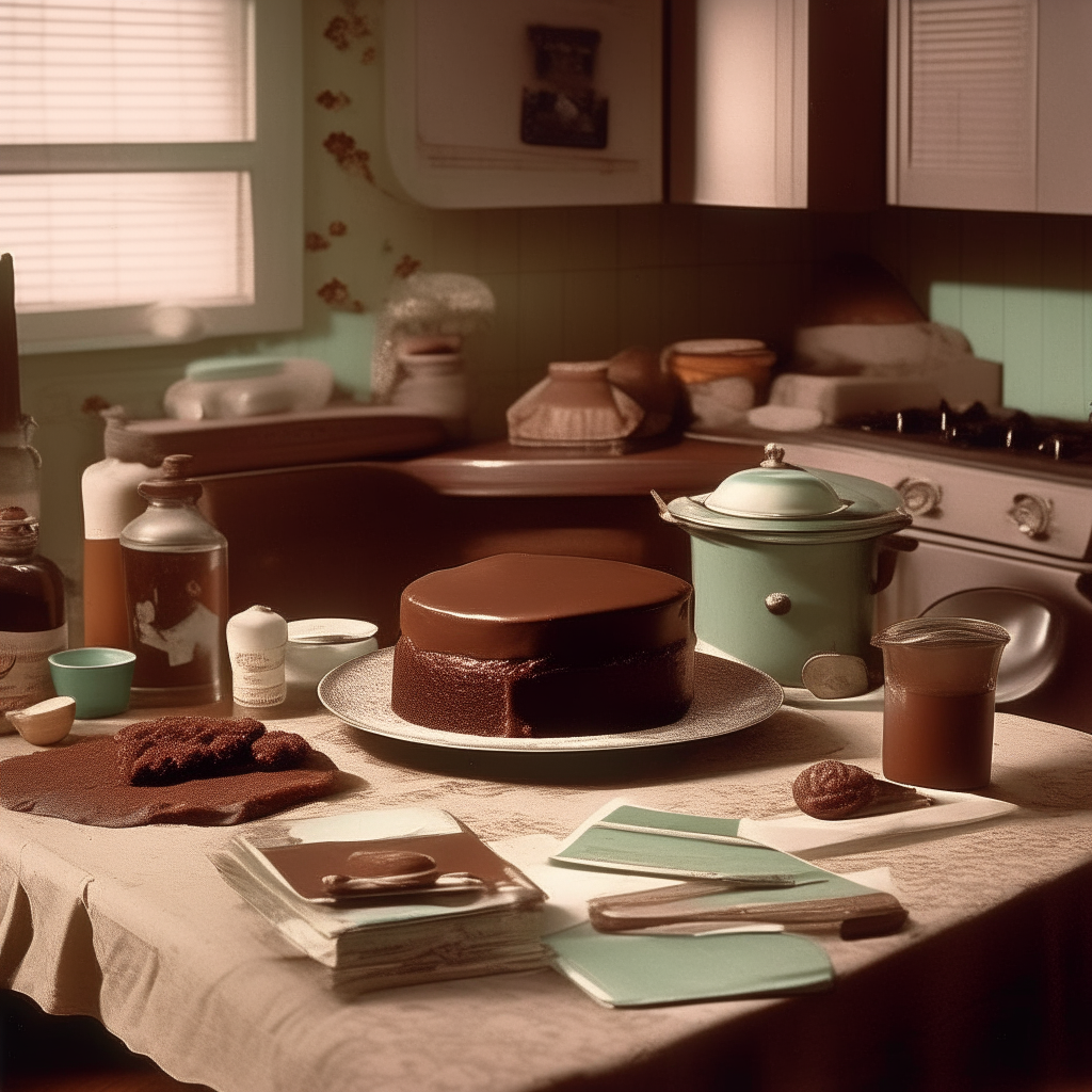 A 1940s kitchen scene with a chocolate mayonnaise cake on a table