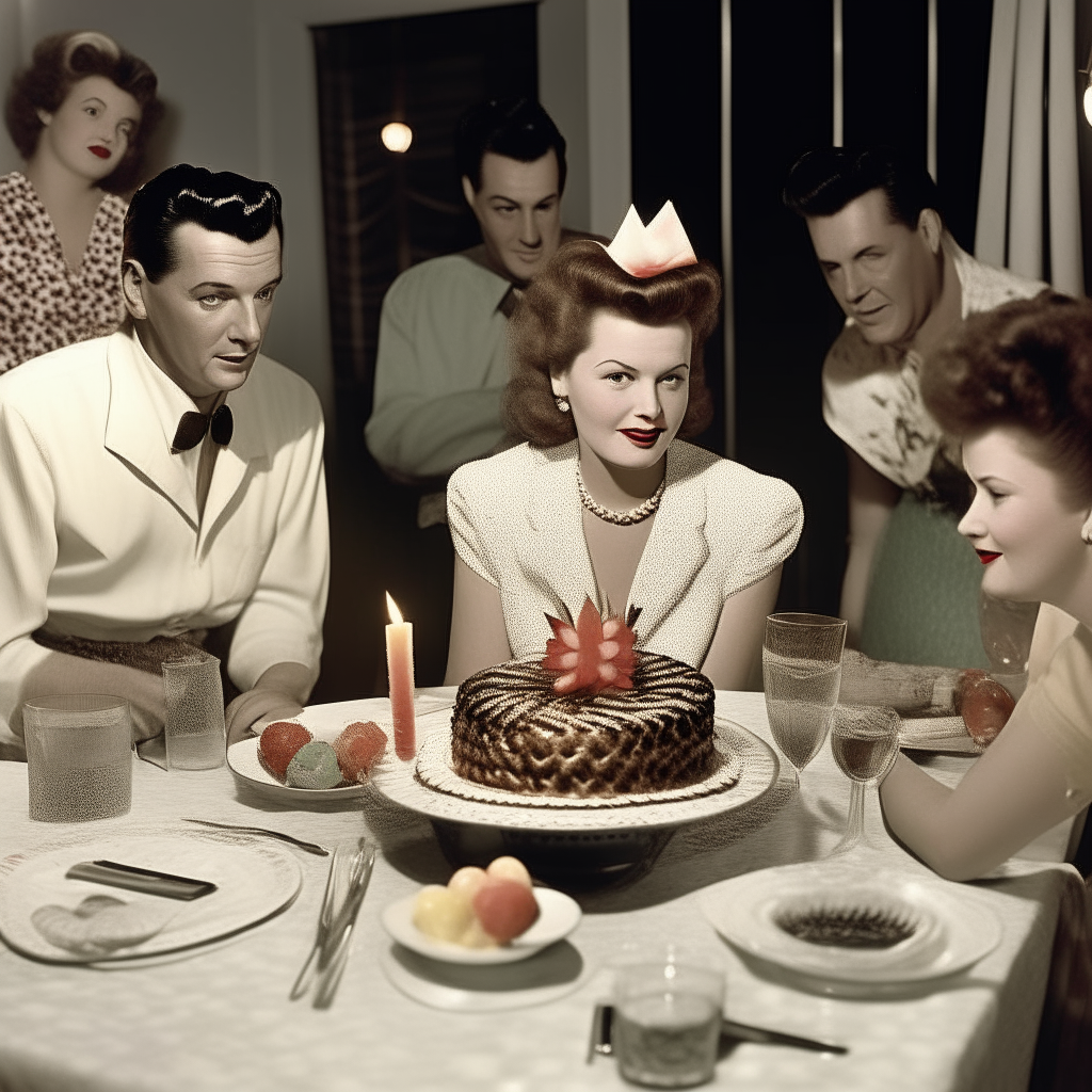 A 1940s Hollywood party scene with a pineapple upside down cake on a table