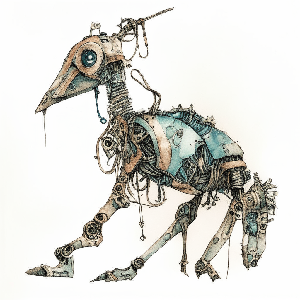 a robotic chelon drawn in pen and watercolor style, with gears visible in its long neck