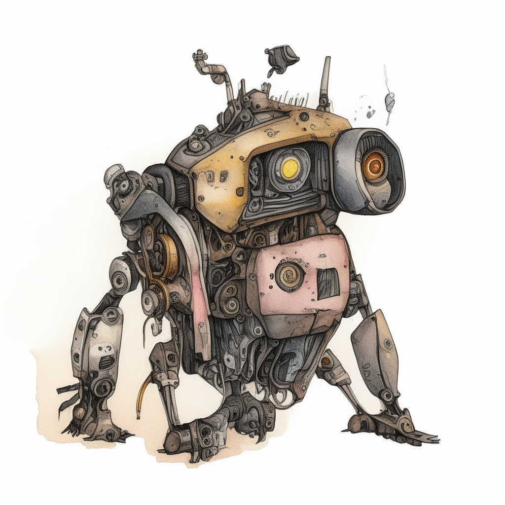 a robotic mechanina drawn in pen and watercolor style, with small mechanical parts visible underneath its fur