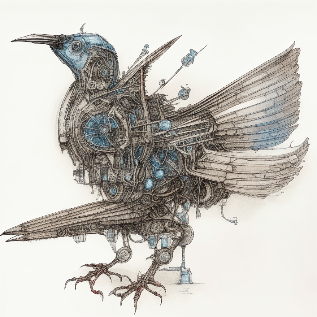 a robotic avian itineris drawn in pen and watercolor style, with intricate machinery visible powering its wings