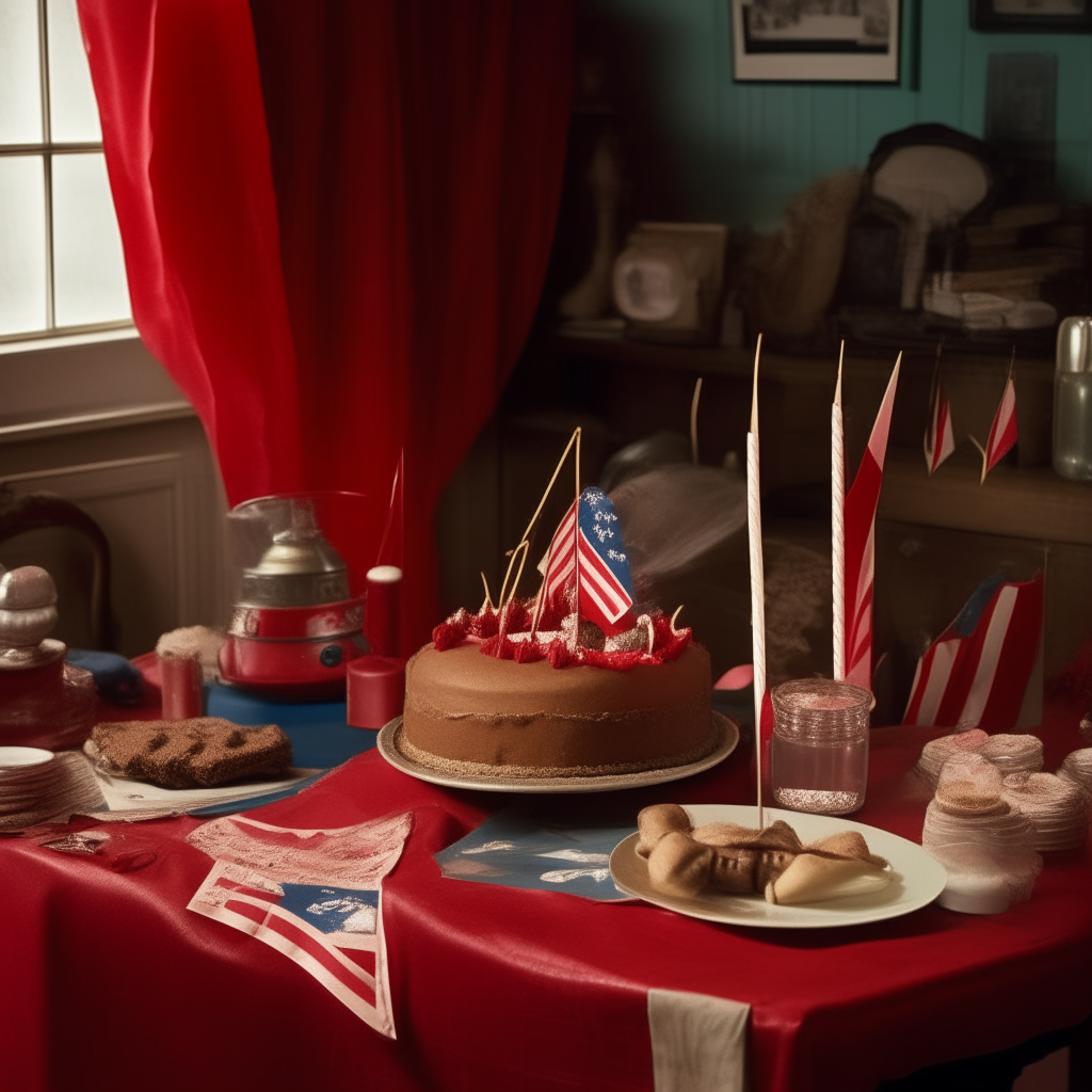 A 1940s celebration scene with a red velvet cake on a table decorated with flags