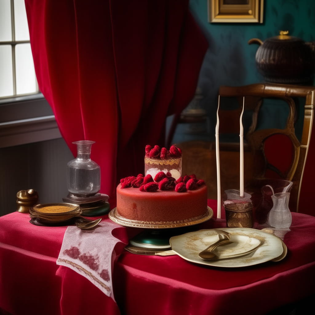 A 1940s table with a red velvet cake