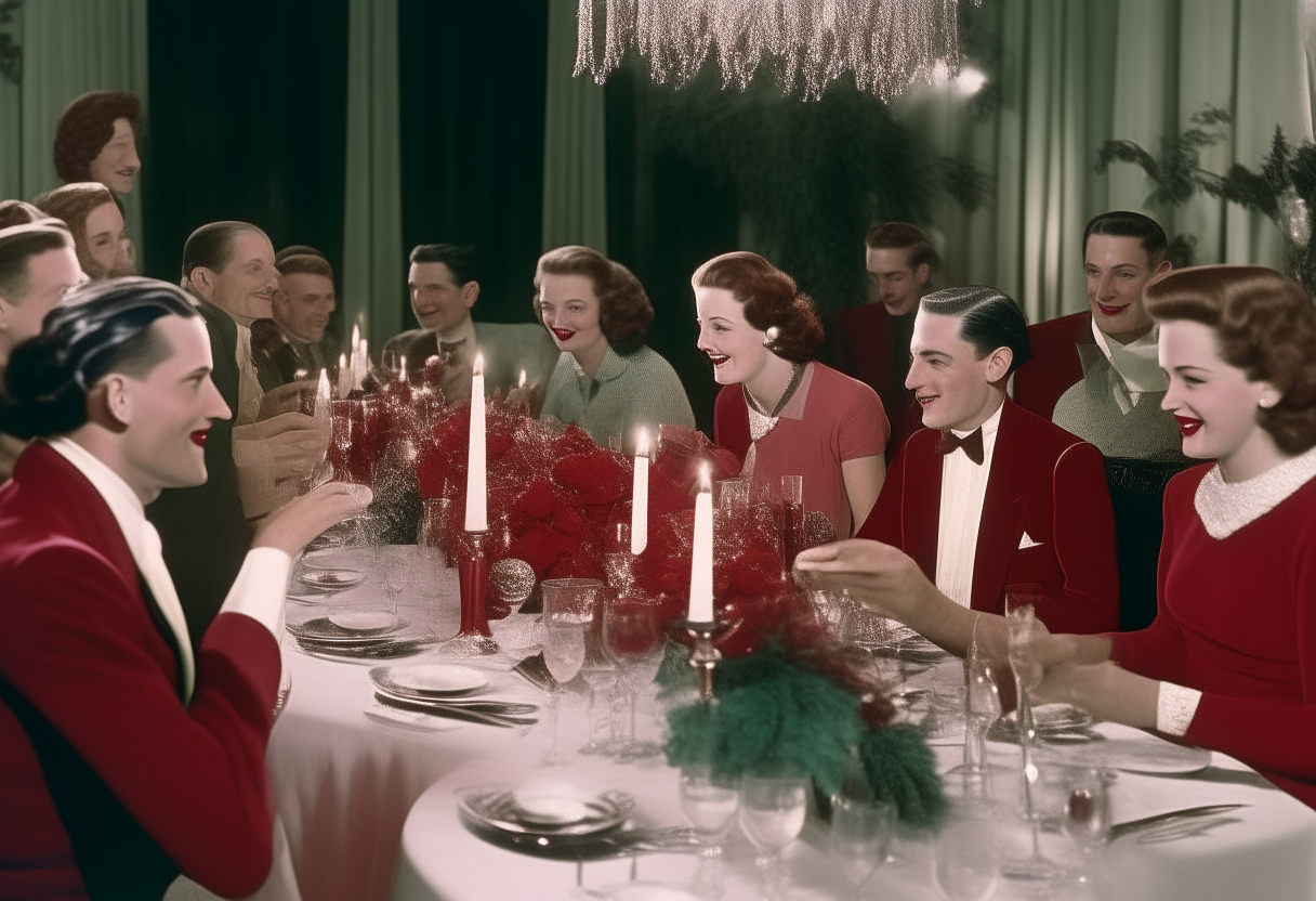 A 1940s formal dinner party celebrating victory after World War II. The long dining table is set with fine china and crystal. The centerpiece is an elegant red velvet cake with 'Victory' written in white icing. Partygoers in their finest attire are smiling, toasting with wine glasses.