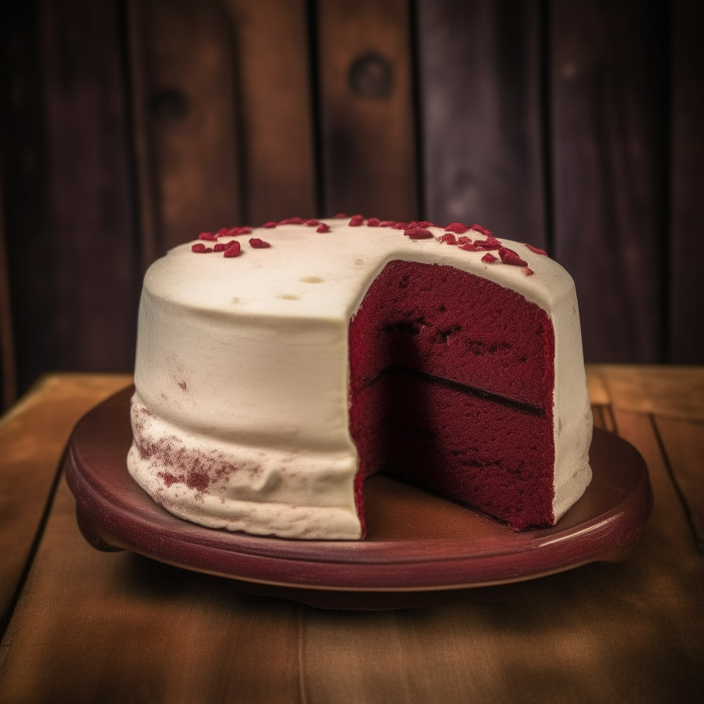 A round red velvet cake with cream cheese frosting on a vintage 1940's wooden table, detailed macro photography