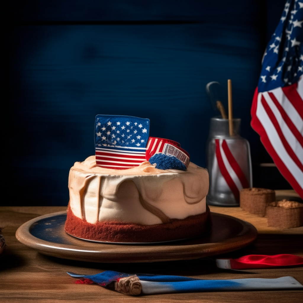 A round red velvet cake with cream cheese frosting on a vintage 1940's wooden table decorated with American flags, red white and blue streamers, and patriotic victory posters in the background