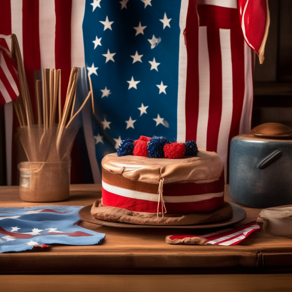 A round plain red velvet cake on a vintage 1940's wooden table decorated with American flags, red white and blue streamers, and patriotic victory posters in the background