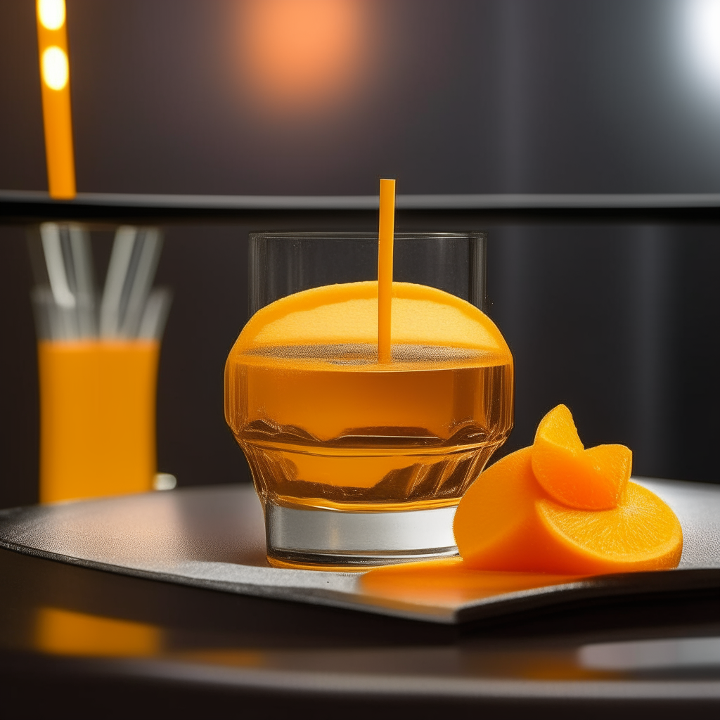 A glass with orange juice and only one straw on the left side