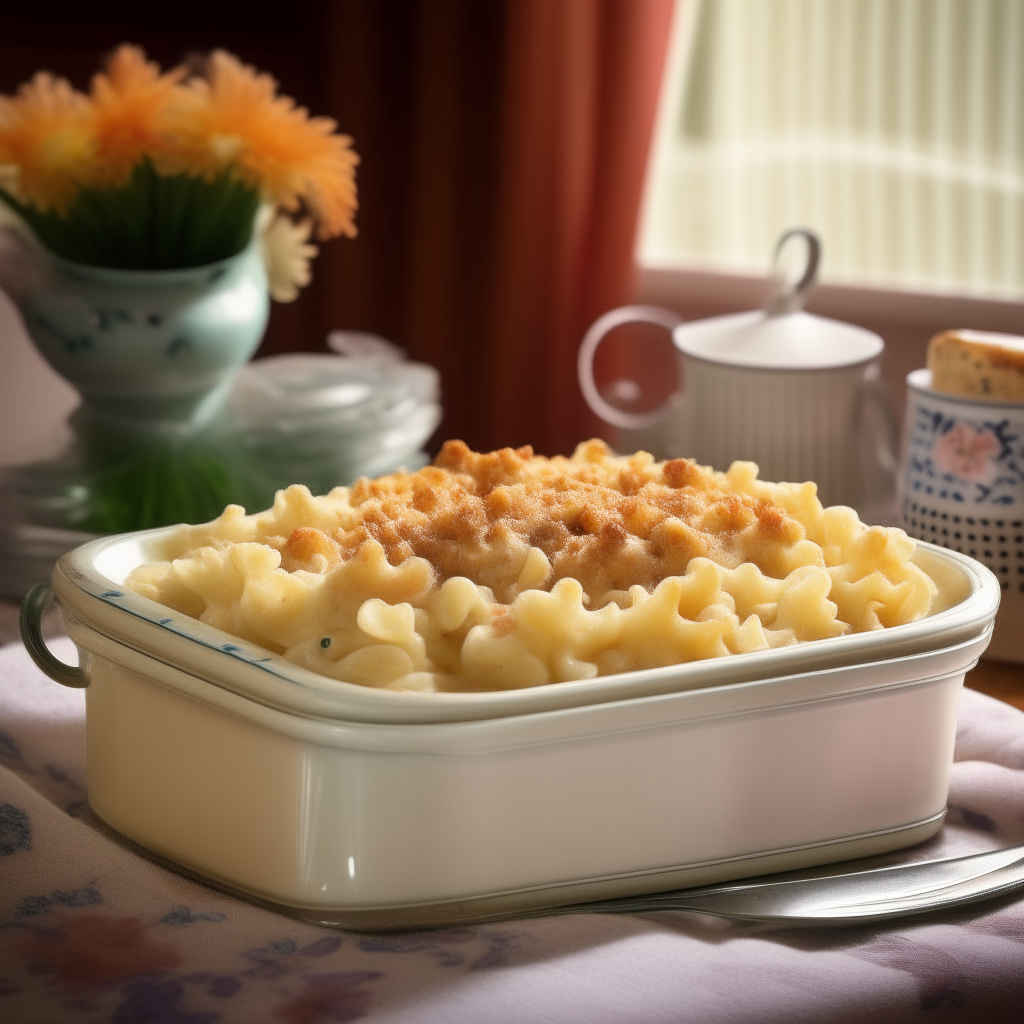 A steaming hot tuna casserole with pasta, creamy sauce and breadcrumbs in a floral casserole dish on a table with checkered curtains in a retro 1950s suburban kitchen